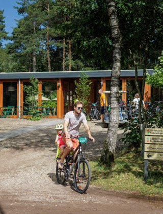 Familie radelt am Camping Huttopia De Veluwe in Gelderland, Niederlande, mitten in der Natur.
