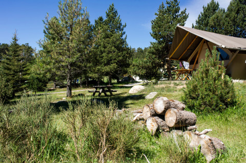Safari tent Canadienne Cosy at Camping Huttopia De Veluwe, Netherlands, with picnic table and firewood.