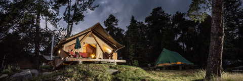 La tente safari Canadienne Cosy State illuminée le soir, entourée d’arbres et d’une autre tente verte en forêt.