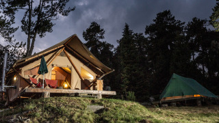 De Canadienne Cosy State safaritent verlicht bij avond, omringd door bomen en een groene tent in het bos.