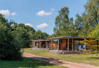 Bungalow in legno con veranda al parco vacanze Huttopia De Roos, immersi nella natura a Overijssel, Paesi Bassi.