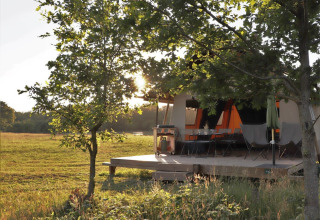 Zonnige glampingtent tussen bomen en gras op Huttopia De Roos in Overijssel, Nederland, ideaal voor rust.