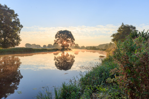 Sunrise over a calm river with tree reflections at Huttopia De Roos, a holiday park in Overijssel, Netherlands.