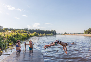 Børn leger og svømmer i en flod ved en badebro på Huttopia De Roos feriepark i Overijssel, Holland.