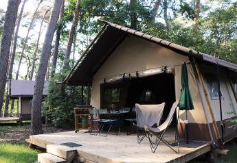 En Classic Wood Tent safaritelts lejrplads i skoven, med trædæk, stole og bord udenfor teltet.