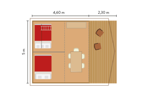 Plano del Classic Wood Tent en Huttopia De Roos con dimensiones, camas, comedor y terraza exterior.
