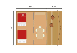 Planimetria della Classic Wood Tent a Huttopia De Roos, con misure, letti, tavolo e terrazza.