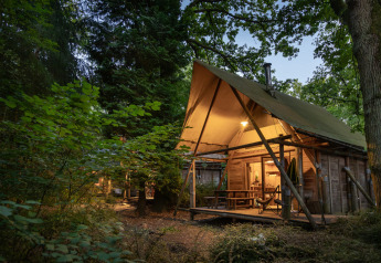 Tienda safari Cahutte iluminada en Huttopia De Roos, Países Bajos, rodeada de bosque al atardecer.
