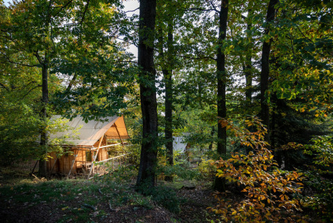Tienda tipo safari Cahutte rodeada de árboles verdes en Huttopia De Roos, Países Bajos, durante el día.