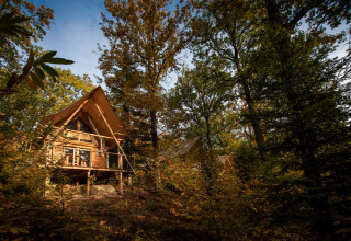Tienda safari Cahutte en Huttopia De Roos, Países Bajos, rodeada de frondosos árboles y naturaleza.