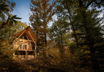 Tienda safari Cahutte en Huttopia De Roos, Países Bajos, rodeada de frondosos árboles y naturaleza.