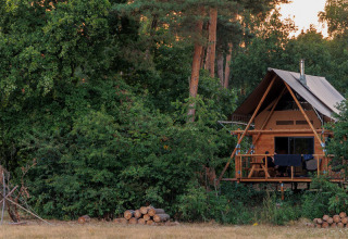 Tienda safari Cahutte en el bosque de Huttopia De Roos, Países Bajos, rodeada de vegetación.