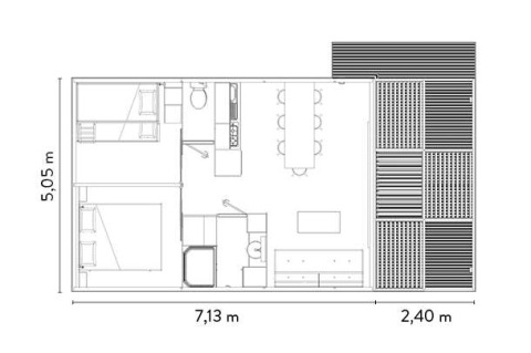Plano de Chalet Toronto en Huttopia De Roos, Países Bajos, mostrando la distribución y dimensiones de habitaciones.