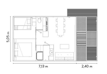 Plattegrond van Chalet Toronto lodge bij Huttopia De Roos in Nederland, met ruimte-indeling en maten.