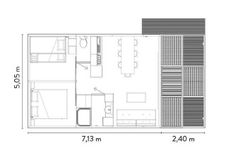 Plano de Chalet Toronto en Huttopia De Roos, Países Bajos, mostrando la distribución y dimensiones de habitaciones.