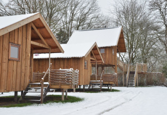 Casa sull’albero Ooievaarsnest al Camping de Koeksebelt nei Paesi Bassi, ricoperta di neve e circondata da alberi.