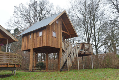 Casa sull’albero chiamata Ooievaarsnest con scala in legno e terrazza, circondata da alberi e prato.