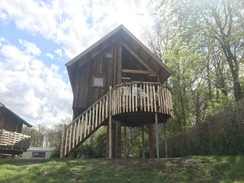 Treehouse named Ooievaarsnest at Camping de Koeksebelt in the Netherlands, surrounded by trees and sunlight.