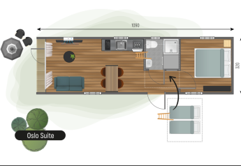 Plantegning af Oslo Suite, et lille hus på Camping de Italiaanse Meren i Holland med moderne faciliteter.