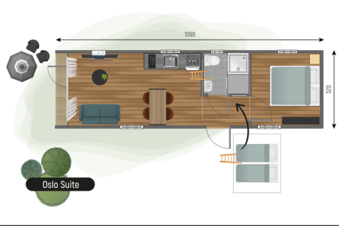 Grundriss der Oslo Suite im Camping de Italiaanse Meren, Niederlande, modernes Tiny House mit Ausstattung.