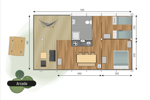 Plantegning af Arcade-lodge ved Camping de Italiaanse Meren, Holland, med terrasser, soveværelser og stue.