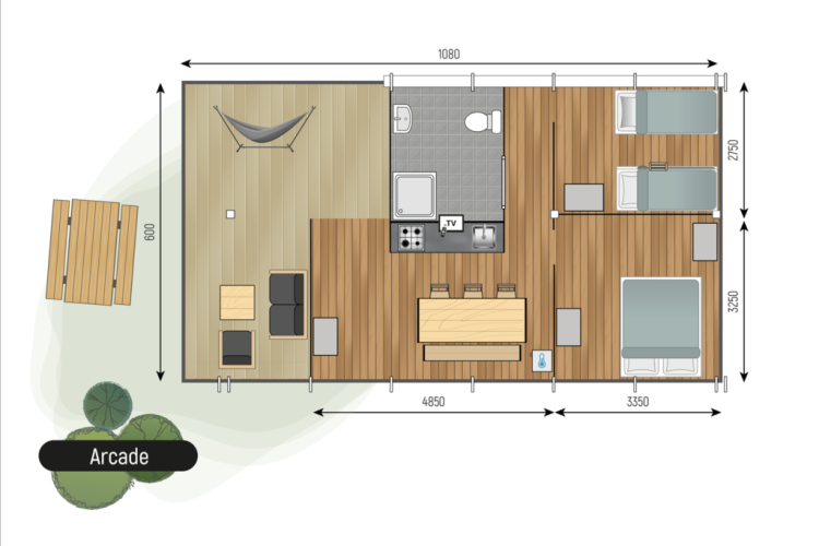 Grundriss des Arcade-Lodges im Camping de Italiaanse Meren, Niederlande, mit Terrasse, Küche und Schlafzimmern.