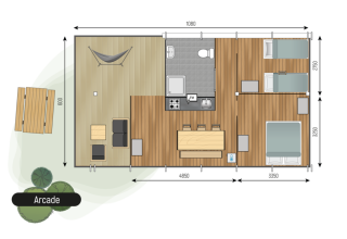 Plantegning af Arcade-lodge ved Camping de Italiaanse Meren, Holland, med terrasser, soveværelser og stue.