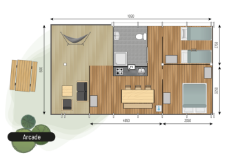 Grundriss des Arcade-Lodges im Camping de Italiaanse Meren, Niederlande, mit Terrasse, Küche und Schlafzimmern.