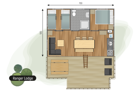 Grundriss der Ranger Lodge bei Camping de Italiaanse Meren in den Niederlanden mit Zimmern und Terrasse.