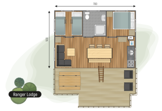 Plantegning af Ranger Lodge, Camping de Italiaanse Meren, Nederlandene, viser værelser, køkken og terrasse.