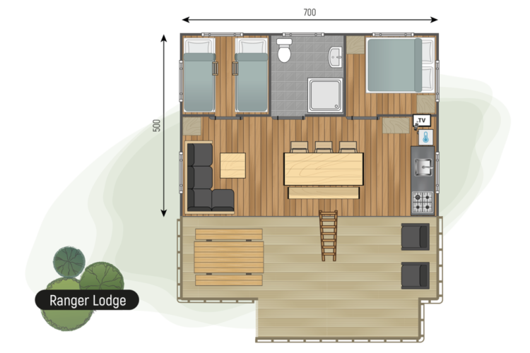 Plano de la Ranger Lodge en Camping de Italiaanse Meren, Países Bajos, con habitaciones y terraza visible.