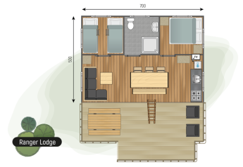 Grundriss der Ranger Lodge bei Camping de Italiaanse Meren in den Niederlanden mit Zimmern und Terrasse.