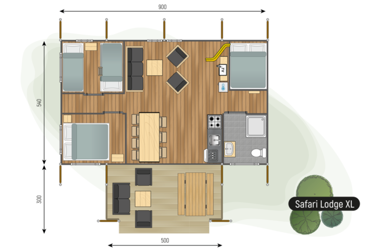 Plano de la tienda Safari Lodge XL en Camping de Italiaanse Meren con dormitorios, cocina y área de estar.