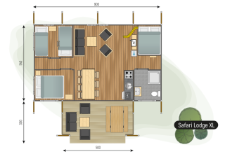 Plattegrond van Safari Lodge XL tent op Camping de Italiaanse Meren met slaapkamers, keuken en zitgedeelte.