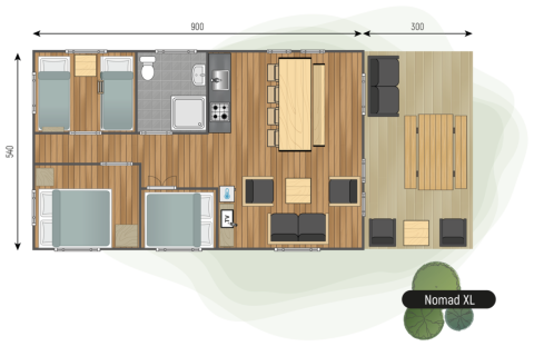 Plano de la tienda safari Nomad XL en Camping de Italiaanse Meren, Países Bajos, con dormitorios y terraza.