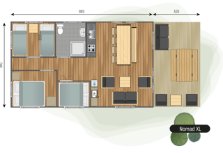 Plano de la tienda safari Nomad XL en Camping de Italiaanse Meren, Países Bajos, con dormitorios y terraza.