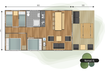 Plattegrond van safaritent Nomad XL op Camping de Italiaanse Meren in Nederland met drie slaapkamers.