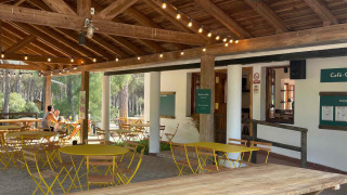 Zona de cafetería al aire libre en Huttopia Parque de Doñana con mesas de madera y sillas amarillas en Andalucía.
