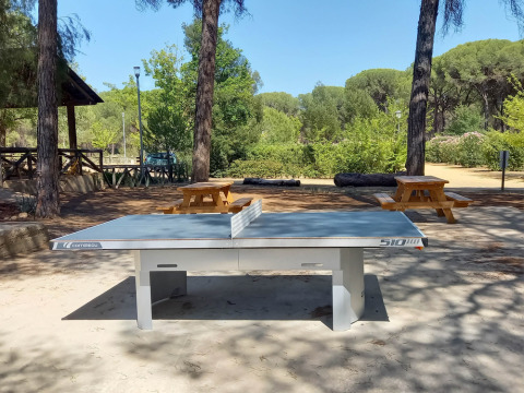 Mesa de ping pong al aire libre en Huttopia Parque de Doñana, Andalucía, rodeada de árboles y mesas de picnic.