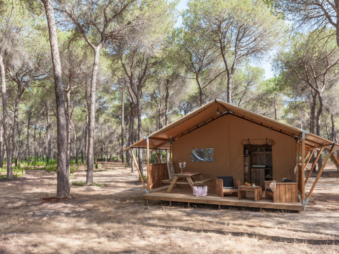 Ein gemütliches Glamping-Zelt zwischen Kiefern im Huttopia Parque de Doñana, einem Ferienpark in Andalusien, Spanien.