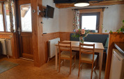 Cozy dining area inside a treehouse with wooden panels, a flower vase, and windows at a campsite.