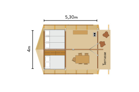 Plano de una tienda safari Canadienne con áreas para dormir, sala de estar y terraza, 5,30 m x 4 m.