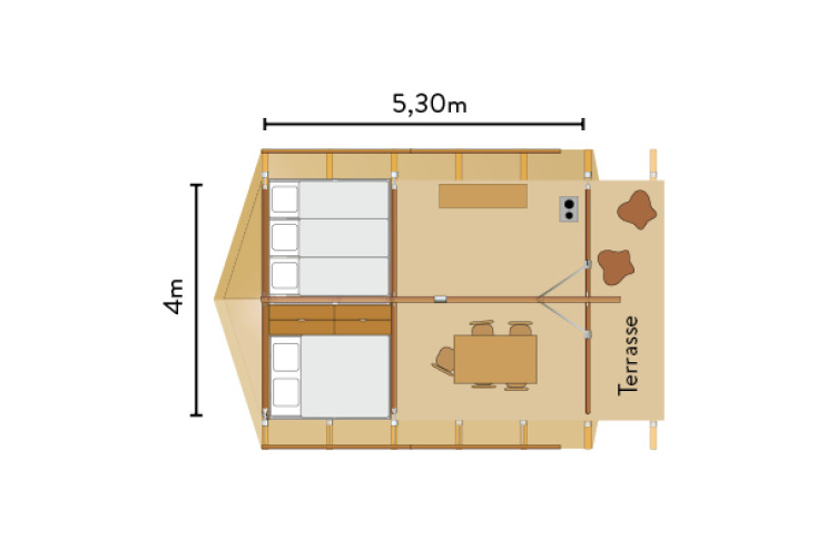Floor plan of a Canadienne safari tent showing sleeping, living areas, and terrace, measuring 5.30m x 4m.