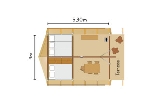 Plantegning af Canadienne safari telt med sove- og opholdsområder samt terrasse, 5,30m x 4m.