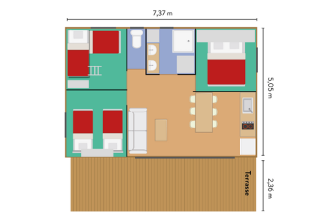Plano de la cabaña Chalet Portland en Huttopia Parque de Doñana, España, con tres dormitorios y terraza.