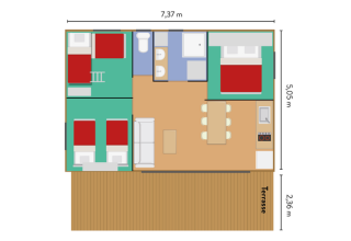 Plano de la cabaña Chalet Portland en Huttopia Parque de Doñana, España, con tres dormitorios y terraza.