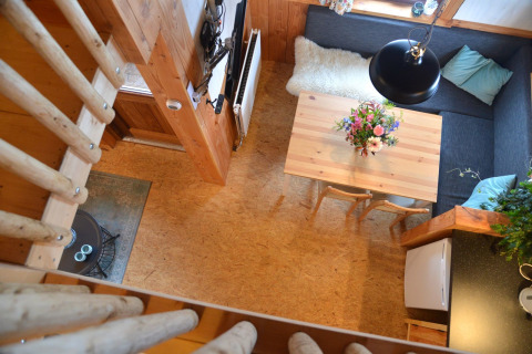 Top view of a cozy treehouse interior at Camping de Koeksebelt, featuring a dining table, sofa and flowers.