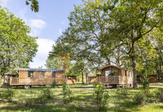 Cabanes en bois dans la verdure à Huttopia Lac de l'Uby - Gers, village vacances en Occitanie, France.