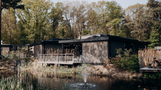 Moderne lodge bij een vijver met fontein, omringd door bomen en natuur op een zonnige dag in het bos.
