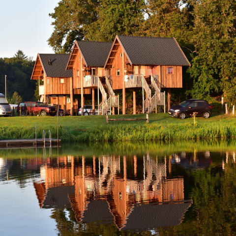 Baumhäuser auf Stelzen am See bei Camping de Koeksebelt, Niederlande, spiegeln sich im Wasser.